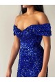 Acheter Bleu roi Sirène Épaule Dénudée Balayage train Paillettes Velours Longue Robes de bal