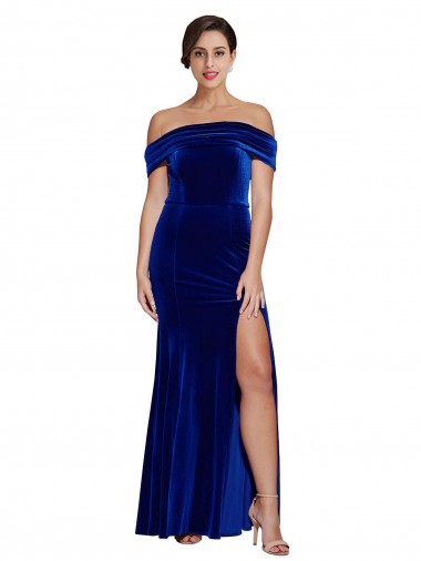 Acheter Bleu roi Sirène Épaule Dénudée Velours Stretch Longue Formelles Robes demoiselle d'honneur / Robes de soirée / Robes de bal