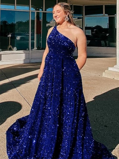 Acheter Bleu roi Trapèze Balayage train Paillettes Velours Longue Robes de bal
