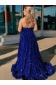 Acheter Bleu roi Trapèze Balayage train Paillettes Velours Longue Robes de bal