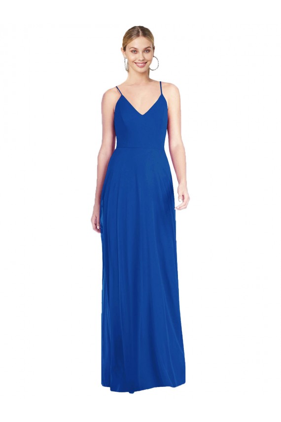 Acheter Bleu roi Trapèze Bretelles spaghetti Col V Mousseline Longue Robes demoiselle d'honneur