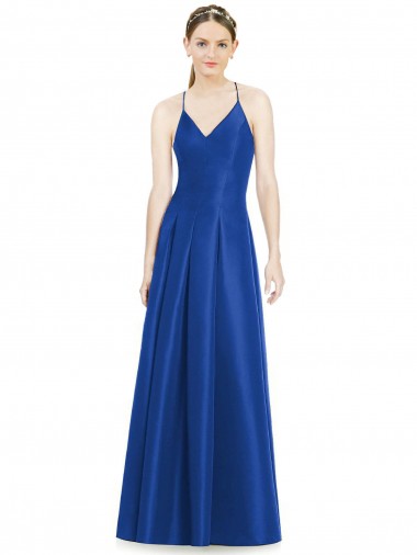 Acheter Bleu roi Trapèze Bretelles spaghetti Col V Satiné Longue Robes demoiselle d'honneur