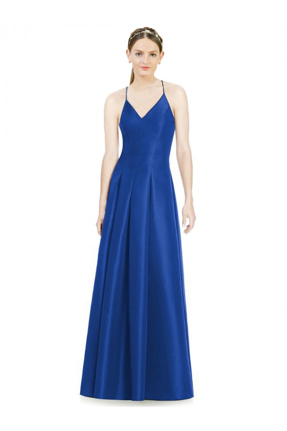 Acheter Bleu roi Trapèze Bretelles spaghetti Col V Satiné Longue Robes demoiselle d'honneur