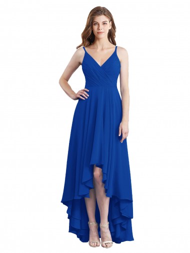 Acheter Bleu roi Trapèze Bretelles spaghetti Mousseline Longue Asymétrique Robes demoiselle d'honneur