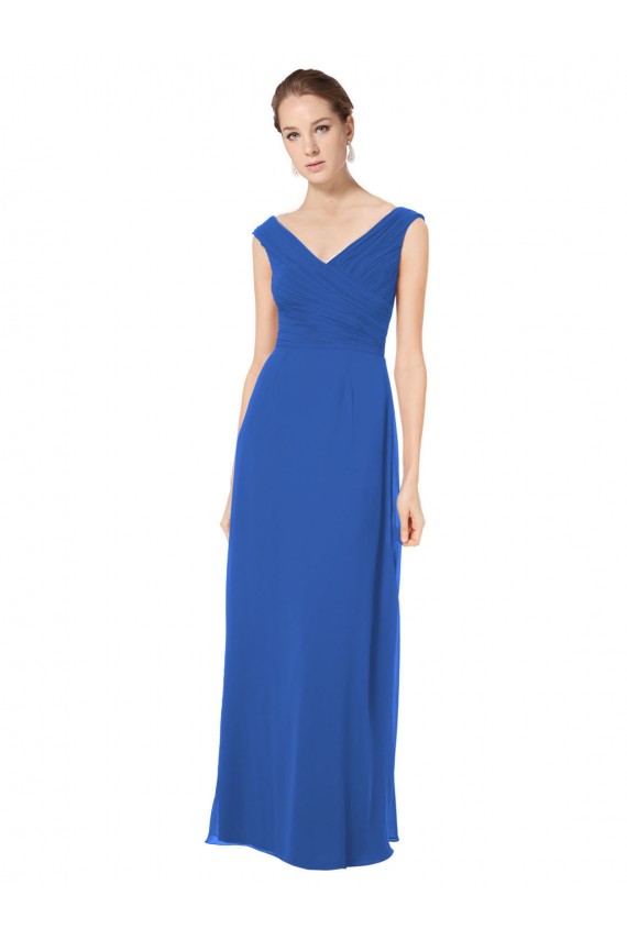 Acheter Bleu roi Trapèze Épaule Dénudée Col V Mousseline Longue Robes demoiselle d'honneur