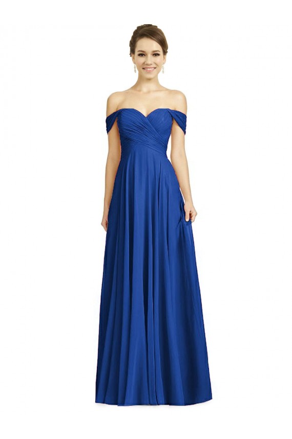 Acheter Bleu roi Trapèze Épaule Dénudée Mousseline Longue Robes demoiselle d'honneur