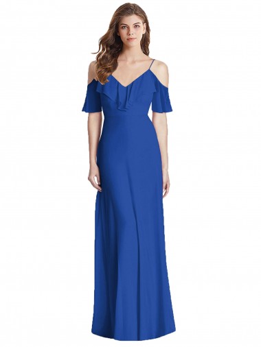 Acheter Bleu roi Trompette Bretelles spaghetti Col V Mousseline Longue Robes demoiselle d'honneur