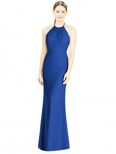 Acheter Bleu roi Trompette Licou Col Haut Mousseline Longue Robes demoiselle d'honneur