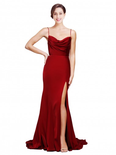 Acheter Bordeaux Fourreau Bretelles spaghetti Balayage train Satiné Stretch Longue Formelles Robes demoiselle d'honneur / Robes de soirée / Robes de bal