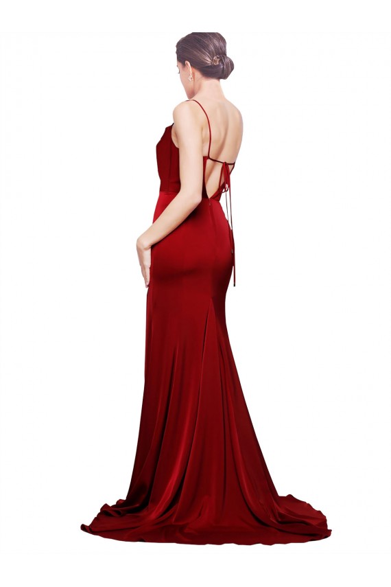 Acheter Bordeaux Fourreau Bretelles spaghetti Balayage train Satiné Stretch Longue Formelles Robes demoiselle d'honneur / Robes de soirée / Robes de bal