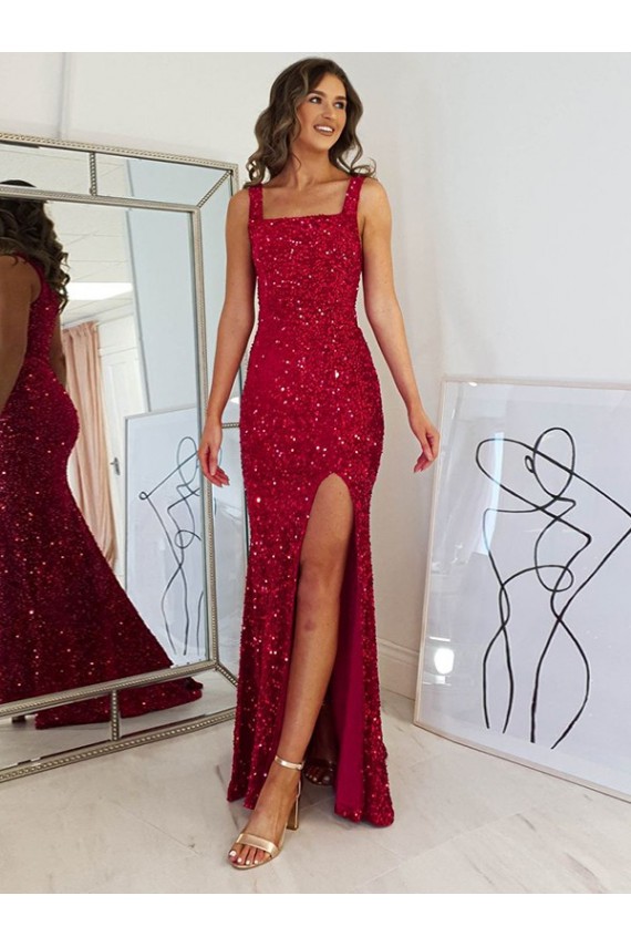 Acheter Bordeaux Fourreau Col Carré Paillettes Velours Longue Robes de bal
