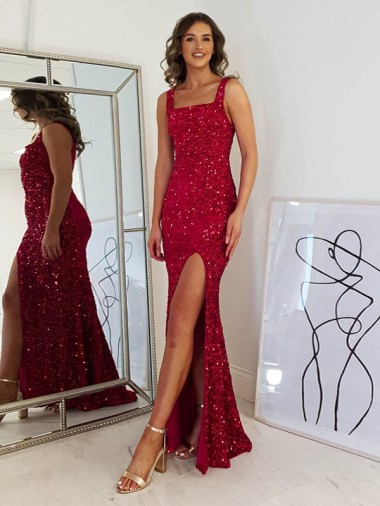 Acheter Bordeaux Fourreau Col Carré Paillettes Velours Longue Robes de bal