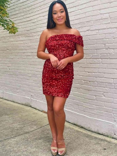 Acheter Bordeaux Fourreau Courte Paillettes Velours Courte Robes de bal