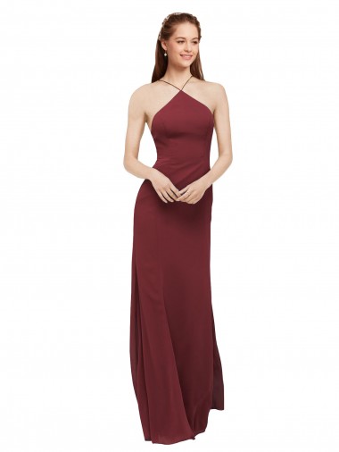 Acheter Bordeaux Fourreau Licou Mousseline Longue Robes demoiselle d'honneur