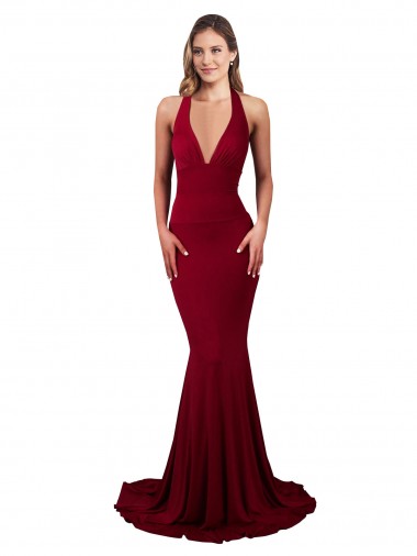 Acheter Bordeaux Sirène Licou Col V Spandex Longue Formelles Robes demoiselle d'honneur / Robes de soirée / Robes de bal