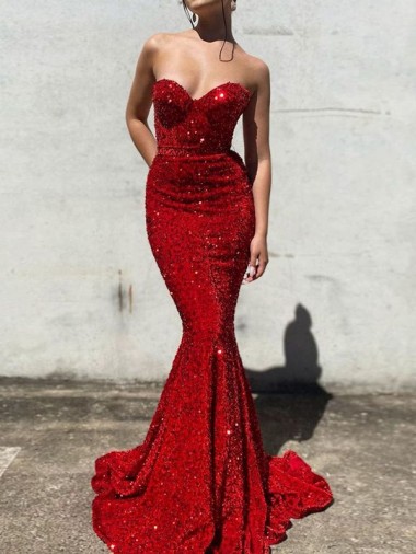Acheter Bordeaux Sirène Traîne moyenne Paillettes Velours Longue Robes de bal