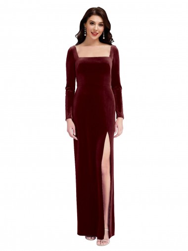 Acheter Bordeaux Trapèze Bretelles spaghetti Col Carré Velours Stretch Longue Robes demoiselle d'honneur / Robes de bal