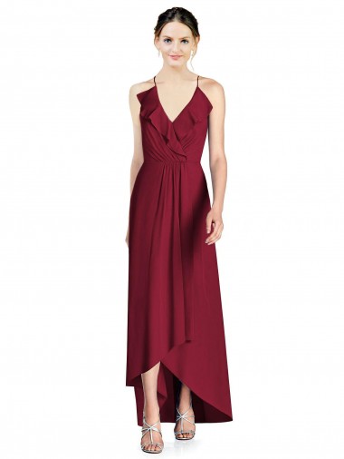 Acheter Bordeaux Trapèze Bretelles spaghetti Col V Mousseline Longue Asymétrique Robes demoiselle d'honneur