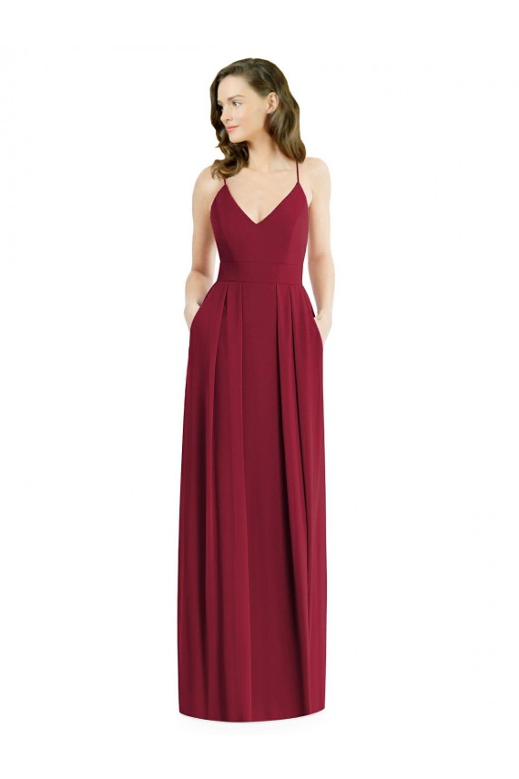 Acheter Bordeaux Trapèze Bretelles spaghetti Col V Mousseline Longue Robes demoiselle d'honneur