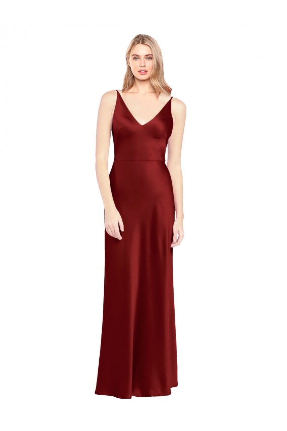 Acheter Bordeaux Trapèze Bretelles spaghetti Col V Satiné Stretch Longue Formelles Robes demoiselle d'honneur / Robes de soirée / Robes de bal