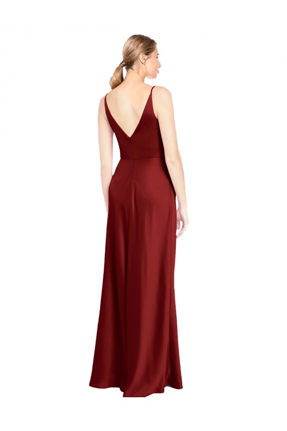 Acheter Bordeaux Trapèze Bretelles spaghetti Col V Satiné Stretch Longue Formelles Robes demoiselle d'honneur / Robes de soirée / Robes de bal