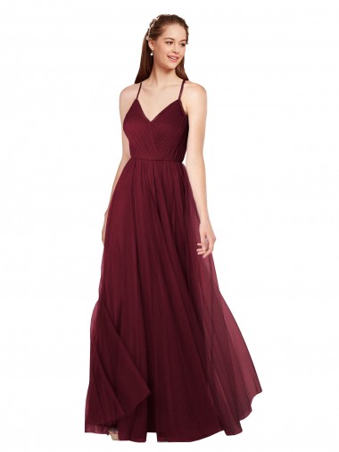 Acheter Bordeaux Trapèze Bretelles spaghetti Col V Tulle Longue Robes demoiselle d'honneur