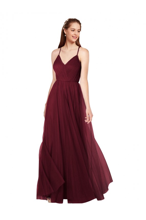 Acheter Bordeaux Trapèze Bretelles spaghetti Col V Tulle Longue Robes demoiselle d'honneur