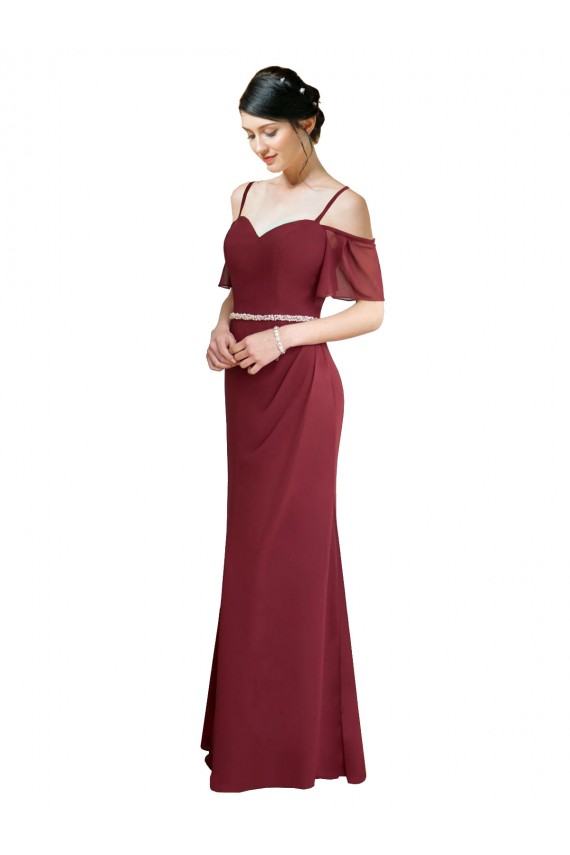 Acheter Bordeaux Trapèze Bretelles spaghetti Mousseline Longue Robes demoiselle d'honneur