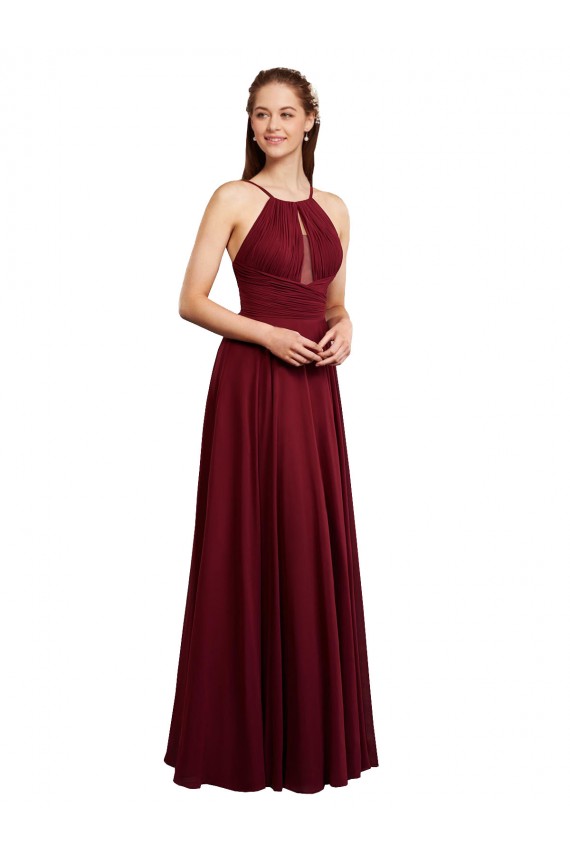 Acheter Bordeaux Trapèze Bretelles spaghetti Mousseline Longue Robes demoiselle d'honneur
