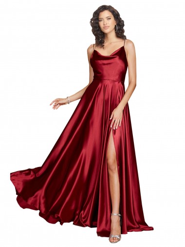 Acheter Bordeaux Trapèze Bretelles spaghetti Satiné Soyeux Longue Formelles Robes demoiselle d'honneur / Robes de soirée / Robes de bal