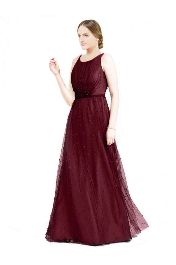 Acheter Bordeaux Trapèze Col Bateau Tulle Longue Robes demoiselle d'honneur