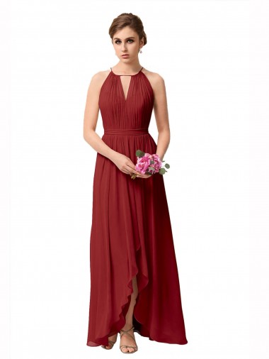 Acheter Bordeaux Trapèze Col Haut Mousseline Longue Asymétrique Robes demoiselle d'honneur