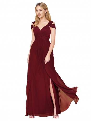 Acheter Bordeaux Trapèze Col Haut Mousseline Longue Formelles Robes demoiselle d'honneur / Robes de soirée / Robes de bal