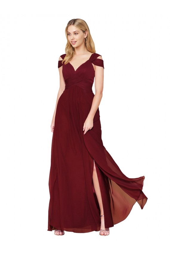 Acheter Bordeaux Trapèze Col Haut Mousseline Longue Formelles Robes demoiselle d'honneur / Robes de soirée / Robes de bal