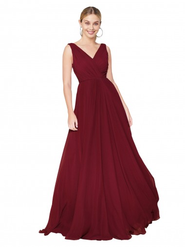 Acheter Bordeaux Trapèze Col V Mousseline Longue Formelles Robes demoiselle d'honneur / Robes de soirée / Robes de bal