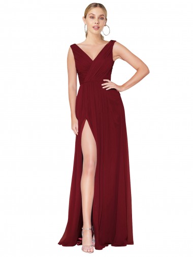 Acheter Bordeaux Trapèze Col V Mousseline Longue Formelles Robes demoiselle d'honneur / Robes de soirée / Robes de bal