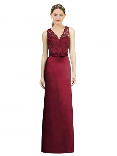 Acheter Bordeaux Trapèze Col V Satiné Dentelle Longue Robes demoiselle d'honneur