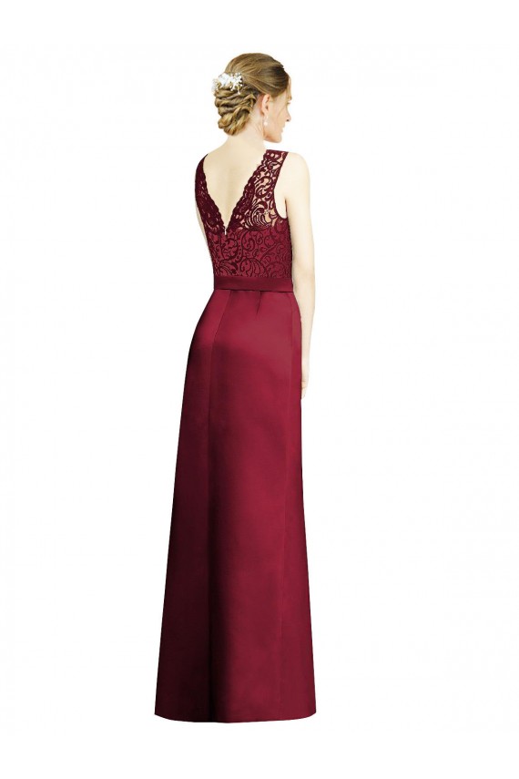Acheter Bordeaux Trapèze Col V Satiné Dentelle Longue Robes demoiselle d'honneur