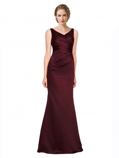Acheter Bordeaux Trapèze Col V Satiné Longue Formelles Robes demoiselle d'honneur / Robes de soirée / Robes de bal