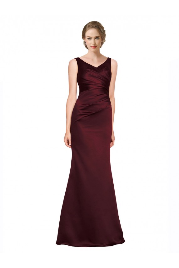 Acheter Bordeaux Trapèze Col V Satiné Longue Formelles Robes demoiselle d'honneur / Robes de soirée / Robes de bal