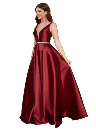 Acheter Bordeaux Trapèze Col V Satiné Longue Formelles Robes demoiselle d'honneur / Robes de soirée / Robes de bal