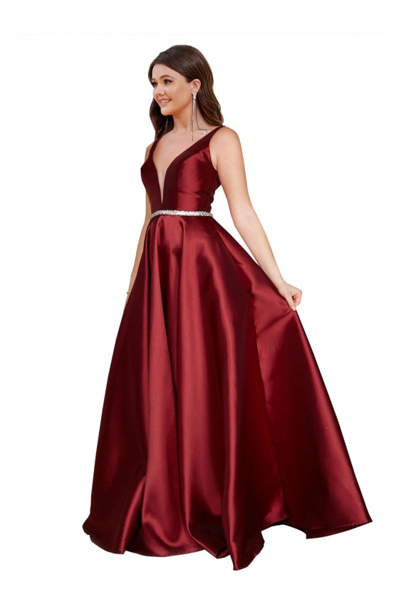 Acheter Bordeaux Trapèze Col V Satiné Longue Formelles Robes demoiselle d'honneur / Robes de soirée / Robes de bal