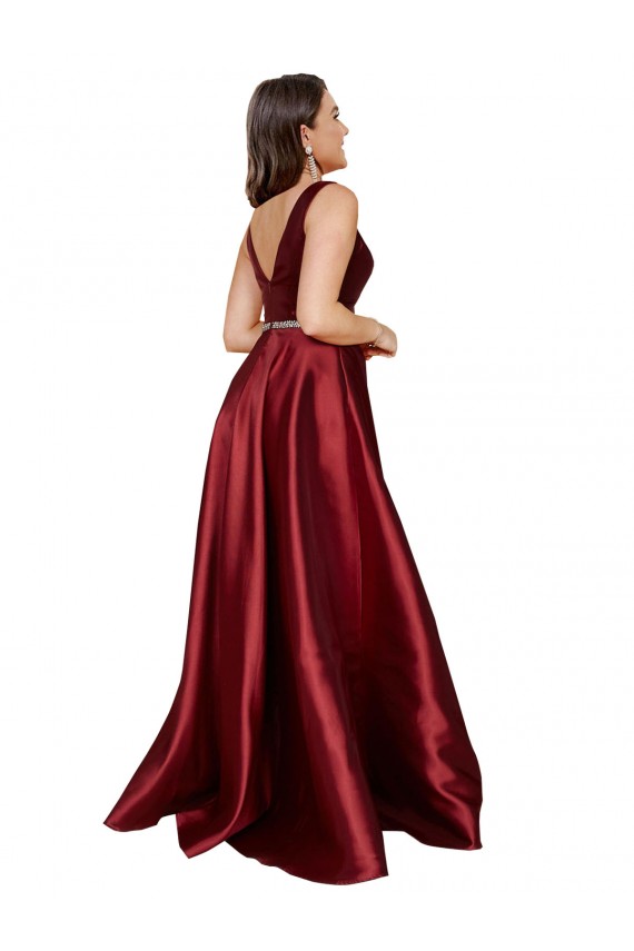 Acheter Bordeaux Trapèze Col V Satiné Longue Formelles Robes demoiselle d'honneur / Robes de soirée / Robes de bal