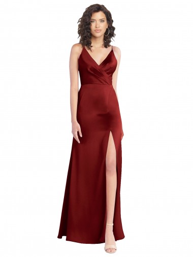 Acheter Bordeaux Trapèze Col V Satiné Stretch Longue Formelles Robes demoiselle d'honneur / Robes de soirée / Robes de bal