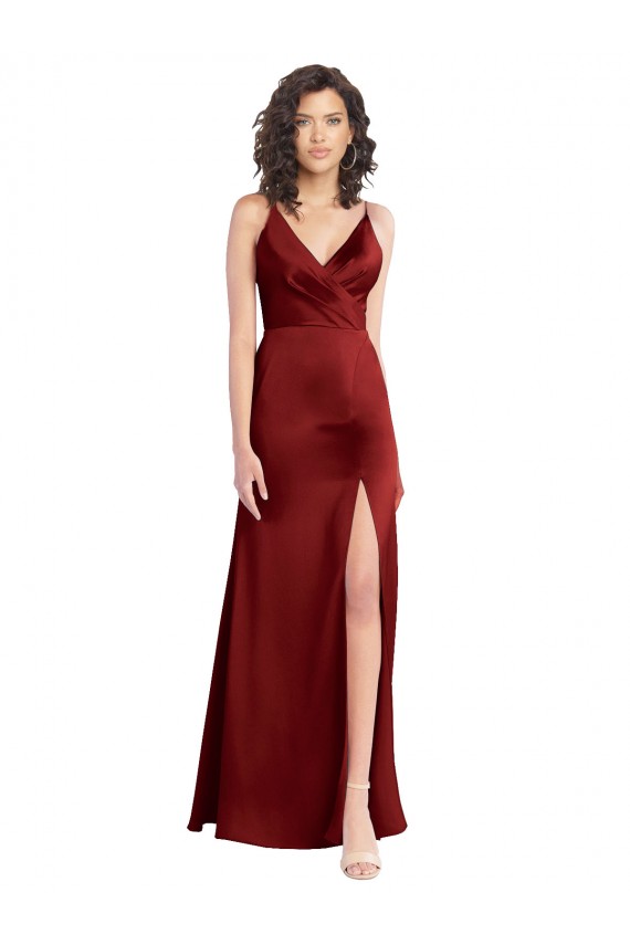Acheter Bordeaux Trapèze Col V Satiné Stretch Longue Formelles Robes demoiselle d'honneur / Robes de soirée / Robes de bal