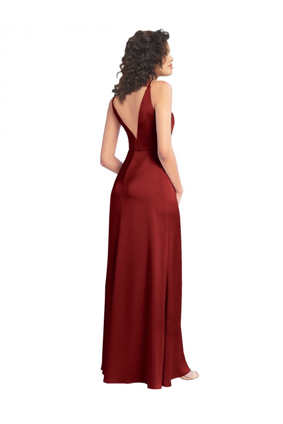 Acheter Bordeaux Trapèze Col V Satiné Stretch Longue Formelles Robes demoiselle d'honneur / Robes de soirée / Robes de bal
