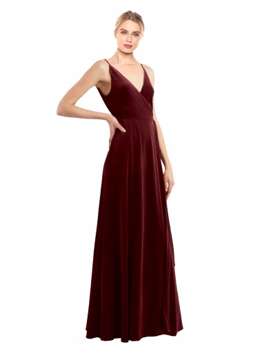 Acheter Bordeaux Trapèze Col V Velours Stretch Longue Formelles Robes demoiselle d'honneur / Robes de soirée / Robes de bal