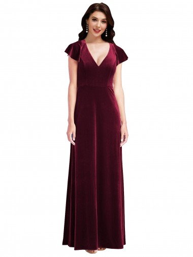 Acheter Bordeaux Trapèze Col V Velours Stretch Longue Robes demoiselle d'honneur / Robes de bal