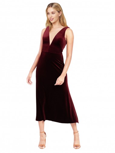 Acheter Bordeaux Trapèze Col V midi Velours Stretch Courte Robes demoiselle d'honneur / Robes de bal / Robes de cocktail