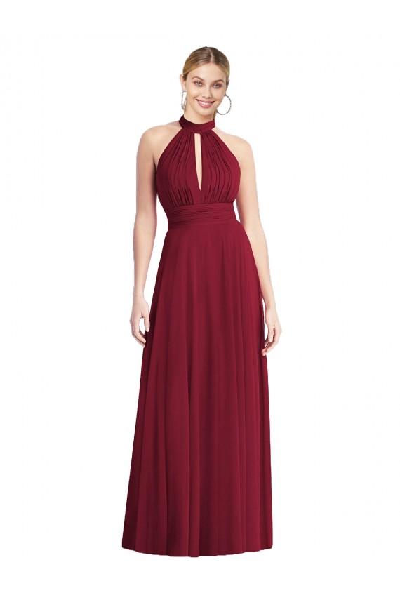 Acheter Bordeaux Trapèze Licou Col Haut Mousseline Longue Robes demoiselle d'honneur